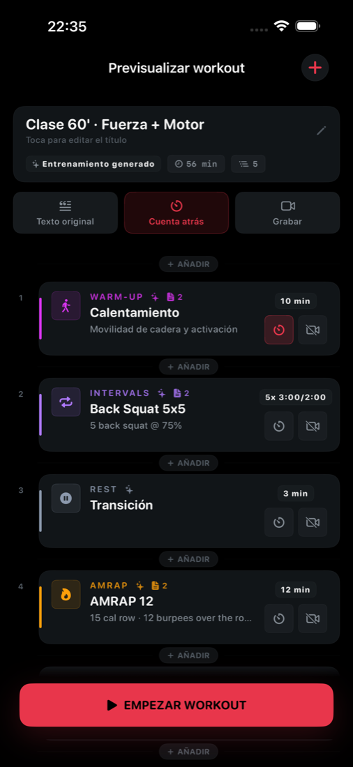 Clase de 60 minutos generada por KEVOR con calentamiento, fuerza, AMRAP y vuelta a la calma