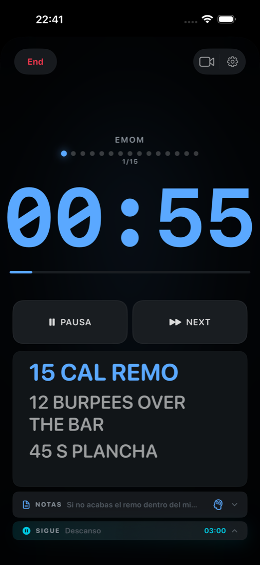 EMOM corriendo con el movimiento del minuto, las notas y la barra UP NEXT
