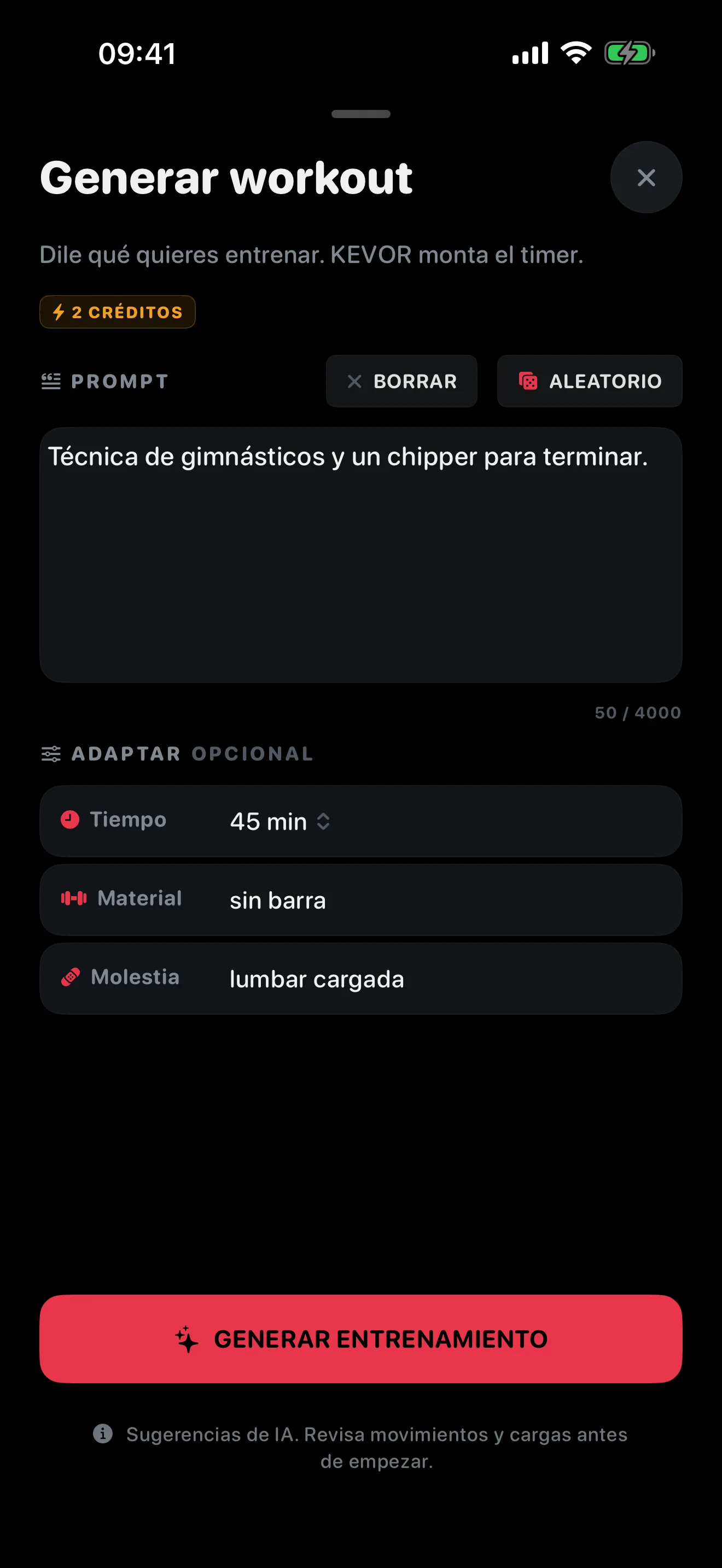 Pantalla de generación, describiendo la sesión con palabras