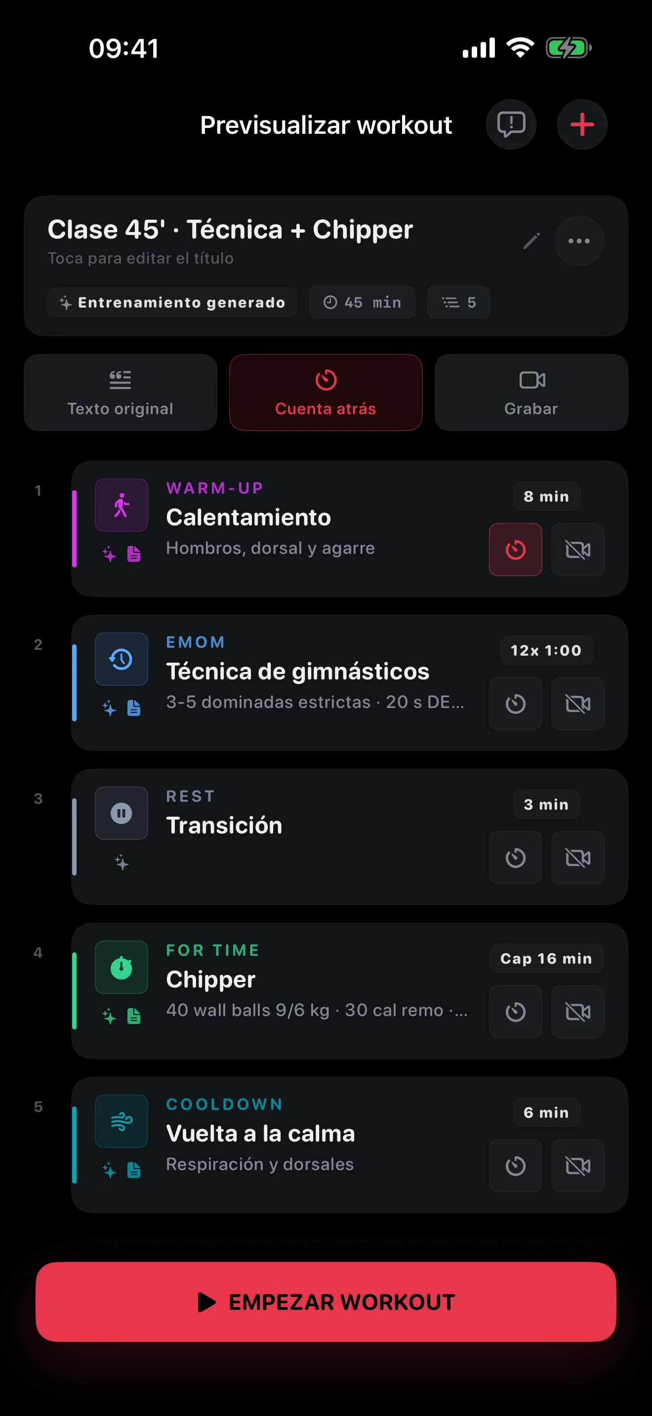 Clase de 60 minutos generada, con calentamiento, fuerza, AMRAP y vuelta a la calma